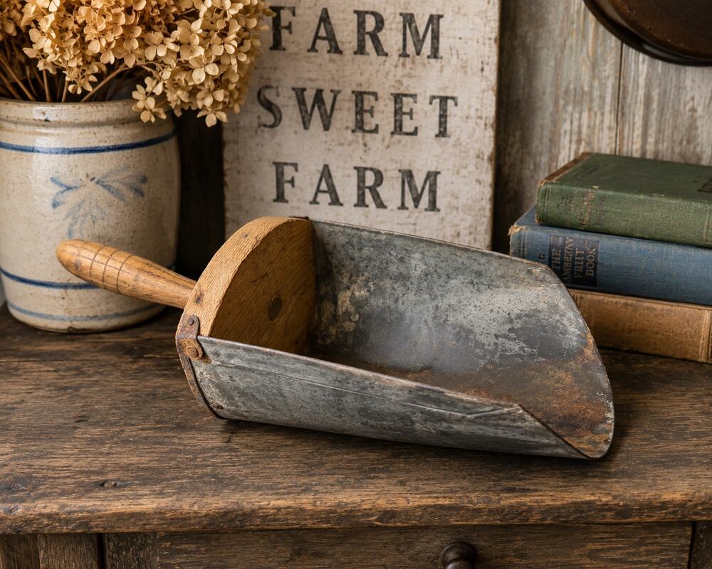 Primitive Handmade Grain Scoop, Antique Rustic Farm Feed Scoop